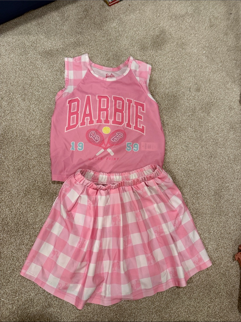 Barbie Pink Graphic Tennis Tank with Pink & White Gingham Skirt